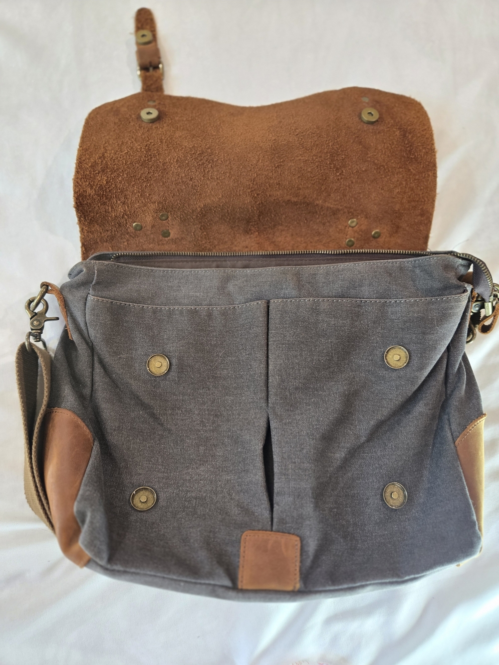 Leather-Trim Canvas Messenger Bag for Men - Brown & Gray - Picture 8 of 16